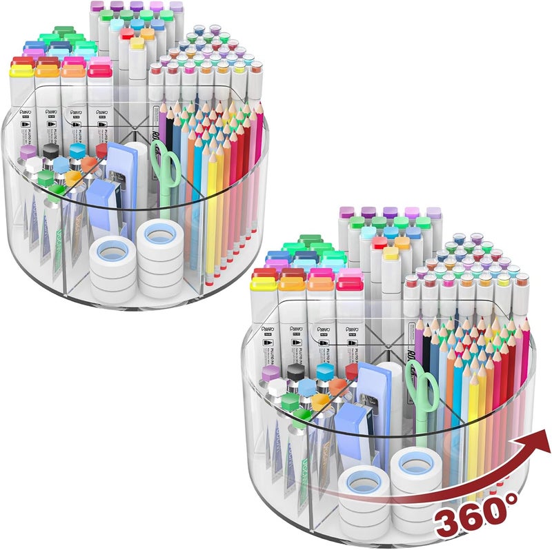 Absonic 2 Pack Acrylic Pen Organizer, 360 Rotating Clear Colored Pen and Pencil Crayon Marker Holder Caddy for Desk, Desktop Storage and Organizer for School Art Supplies - Image 1