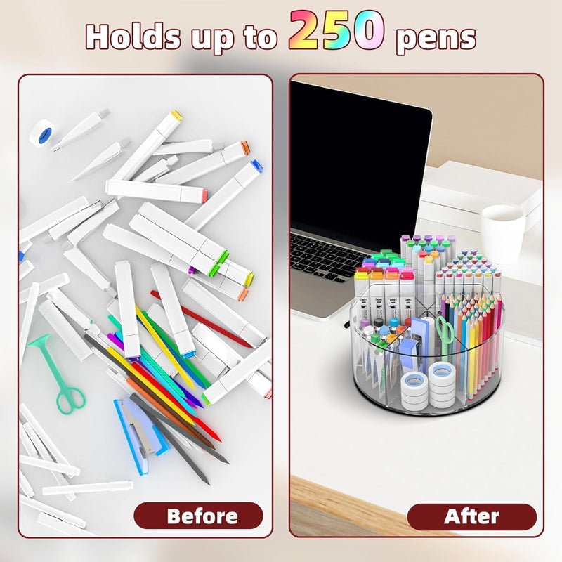 Absonic 2 Pack Acrylic Pen Organizer, 360 Rotating Clear Colored Pen and Pencil Crayon Marker Holder Caddy for Desk, Desktop Storage and Organizer for School Art Supplies - Image 3
