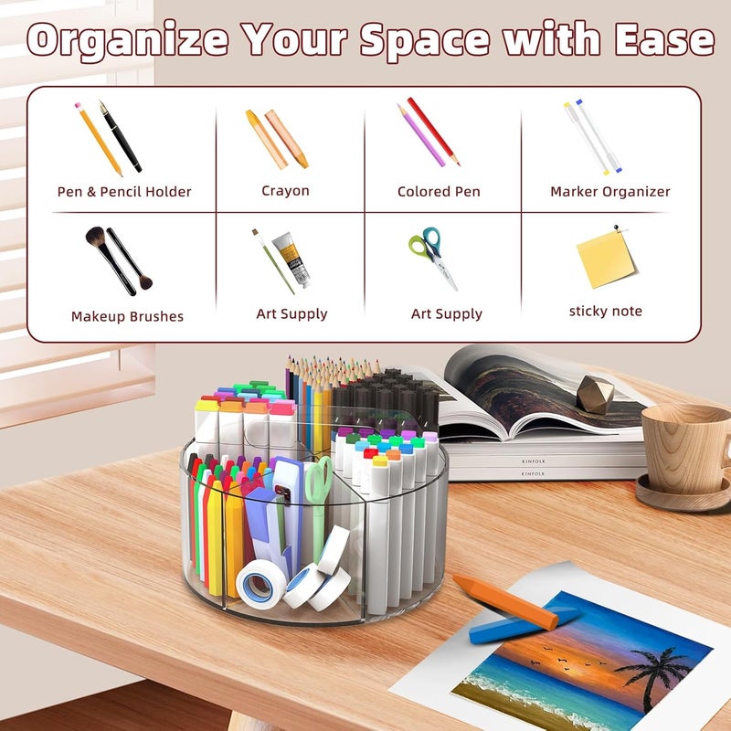 Absonic 2 Pack Acrylic Pen Organizer, 360 Rotating Clear Colored Pen and Pencil Crayon Marker Holder Caddy for Desk, Desktop Storage and Organizer for School Art Supplies - Image 4