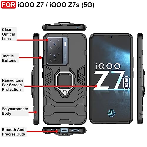 CEDO Kickstand Cover for iQOO Z7 / iQOO Z7s (5G) Rugged Case | Built-in Stand Rotating Ring Holder | Military Grade Armor Bumper Back Cover (Black) - Image 3