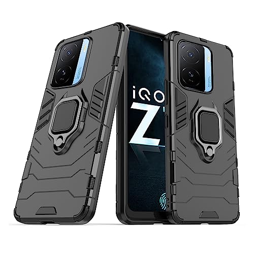 CEDO Kickstand Cover for iQOO Z7 / iQOO Z7s (5G) Rugged Case | Built-in Stand Rotating Ring Holder | Military Grade Armor Bumper Back Cover (Black) - Image 1