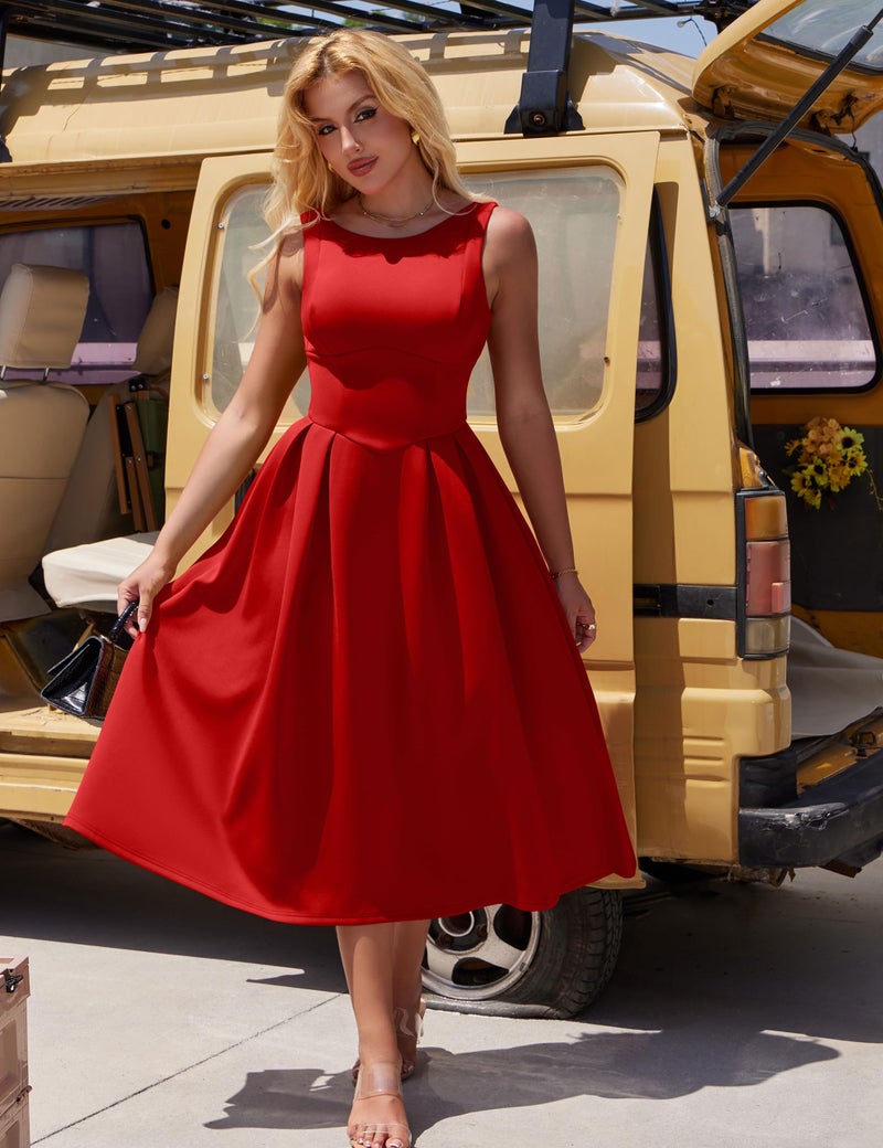 YMDUCH Women's Elegant Sleeveless Crew Neck Backless Swing A Line Evening Party Long Dress Red - Image 3