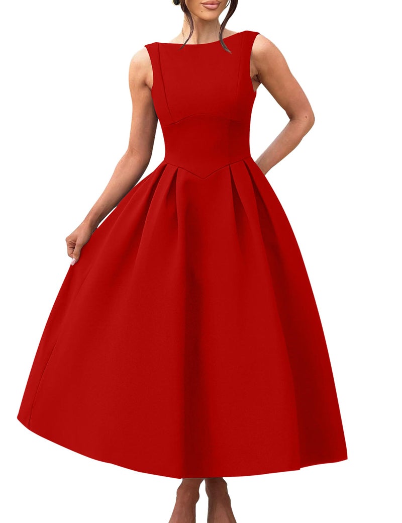 YMDUCH Women's Elegant Sleeveless Crew Neck Backless Swing A Line Evening Party Long Dress Red - Image 1