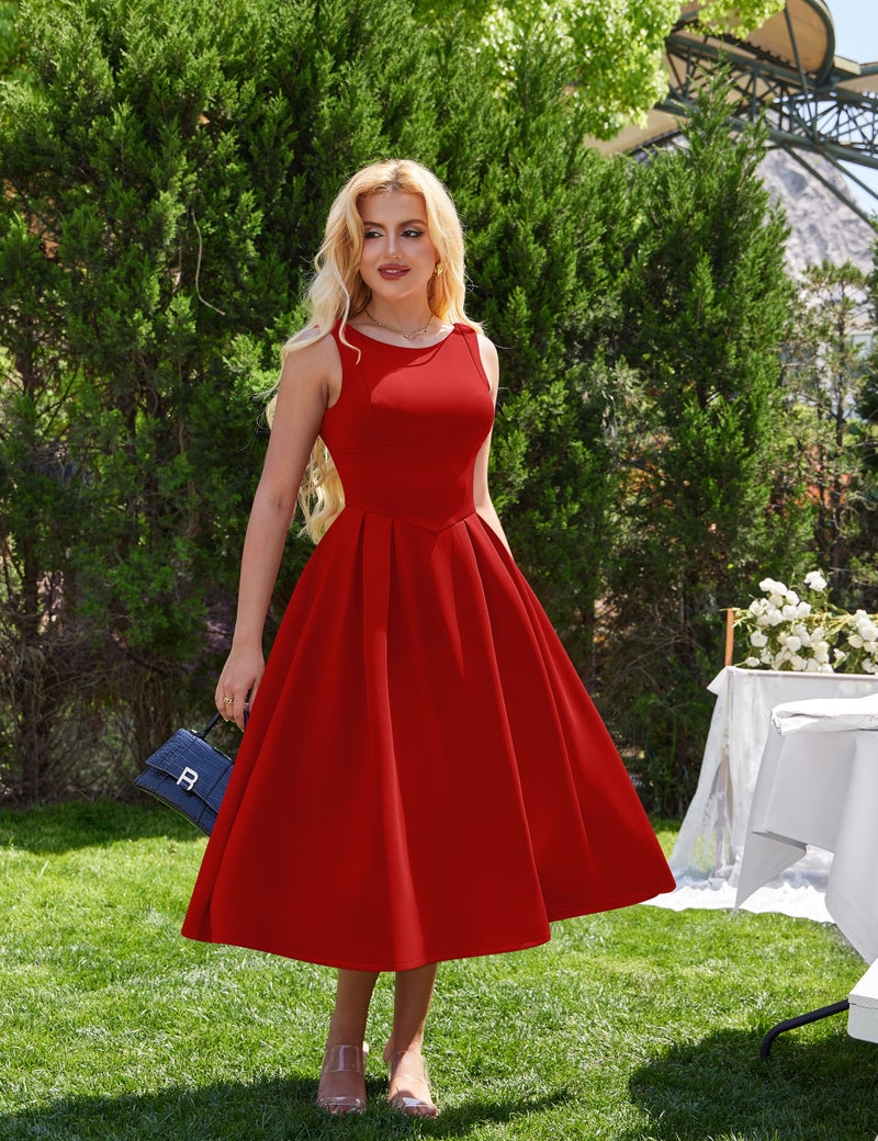YMDUCH Women's Elegant Sleeveless Crew Neck Backless Swing A Line Evening Party Long Dress Red - Image 4