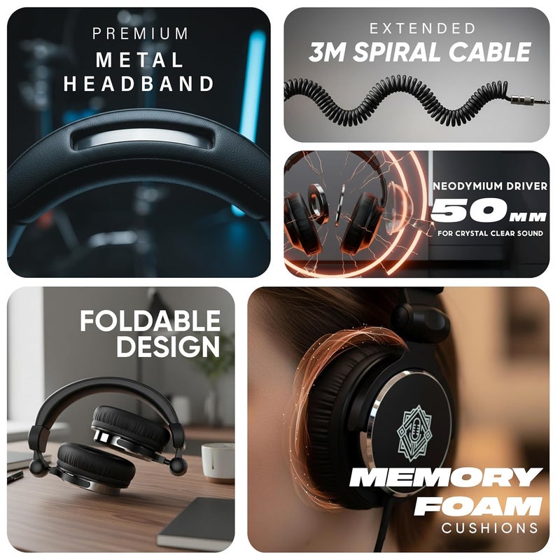 DIGIMORE سماعات استوديو احترافية | فوق الأذن | محركات 50 مم | خفيفة الوزن | موصل 6.35 مم لـ DJ، الألعاب، التسجيل، الخلط، المراقبة (D-190) - Image 2