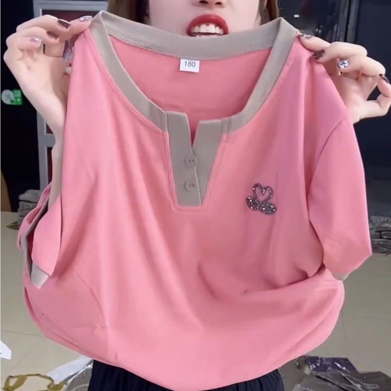 Western Fashion Top Short-Sleeved 2025 V-Neck Little Swan Slimming Look Loose Swan Age-Reducing T-Shirt - Image 4