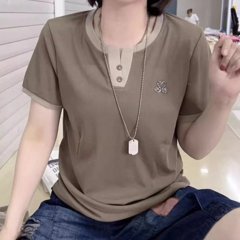 Western Fashion Top Short-Sleeved 2025 V-Neck Little Swan Slimming Look Loose Swan Age-Reducing T-Shirt - Image 2