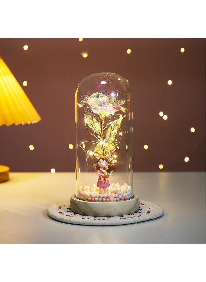 Eternal Flower Glass Cover Colored Gold Rose With Lamp Creative Gift Decoration Decoration For Mother's Day