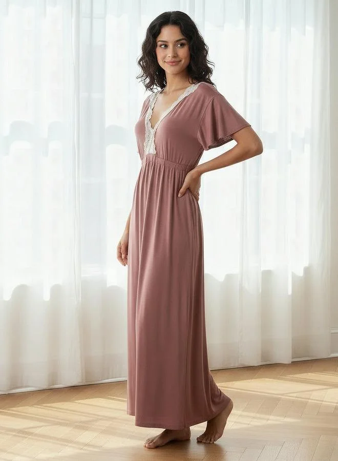 Aadaraya Aadaraya Night Gown Short Sleeves Lace Trim