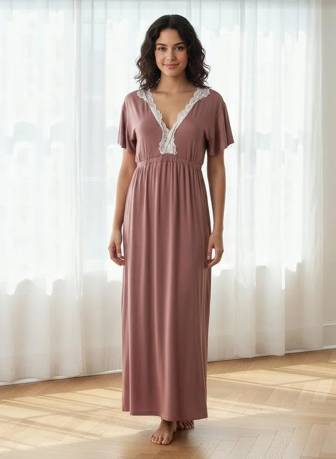 Aadaraya Aadaraya Night Gown Short Sleeves Lace Trim