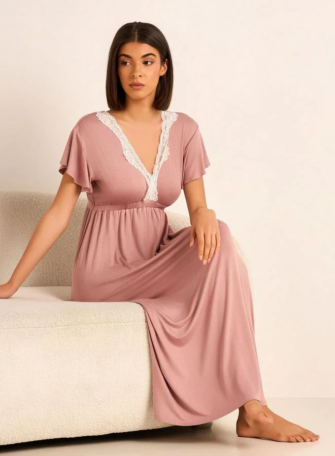 Aadaraya Aadaraya Night Gown Sleeveless Lace Trim