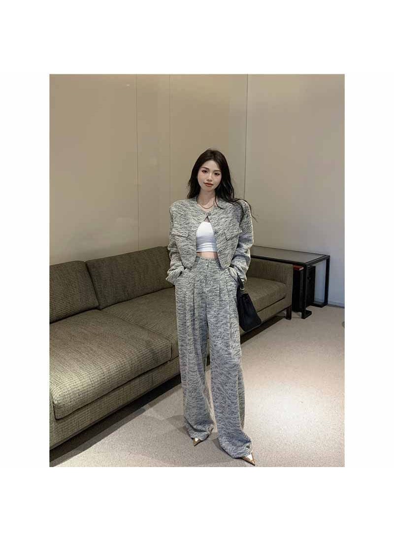 Generic - Casual Wool Western Suit Coat Autumn Round Neck Button Small Fragrance Style Short Sleeve Top Women Coat + trousers - Image 1