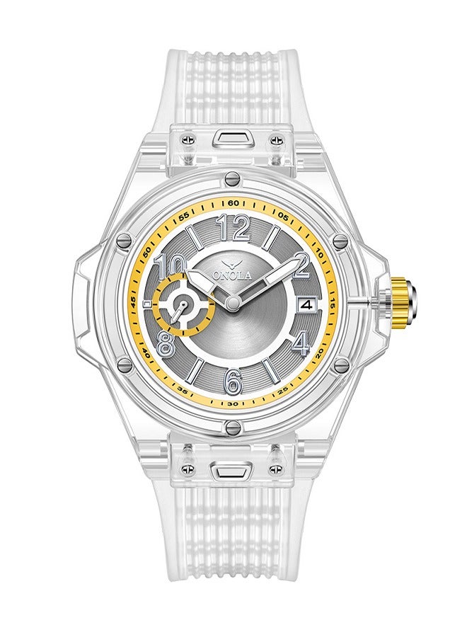 ONOLA ​​ONOLA Men's Multifunctional Sports Watch - Transparent White Dial with Light Yellow Luminous Hands, Silicone Strap, 50M Water Resistance, Chronograph & Calendar Display, Ideal for Outdoor Activities & Daily Wear​​  - Image 1