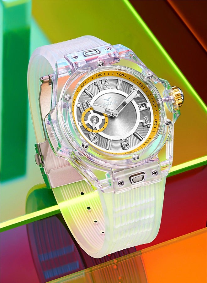 ONOLA ​​ONOLA Men's Multifunctional Sports Watch - Transparent White Dial with Light Yellow Luminous Hands, Silicone Strap, 50M Water Resistance, Chronograph & Calendar Display, Ideal for Outdoor Activities & Daily Wear​​  - Image 4