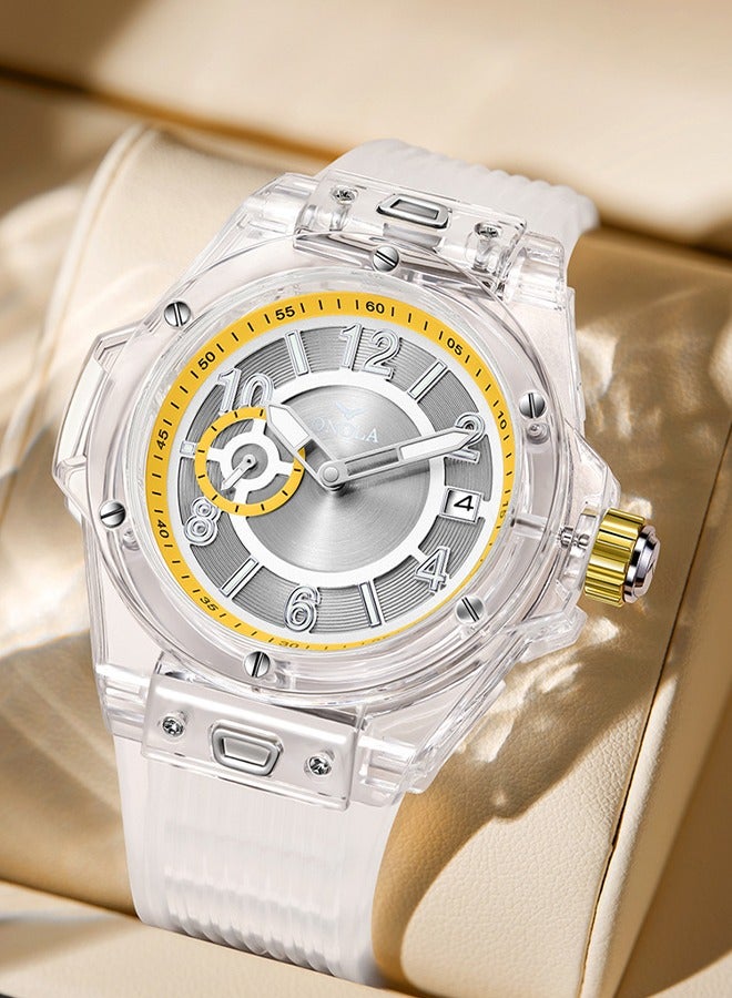 ONOLA ​​ONOLA Men's Multifunctional Sports Watch - Transparent White Dial with Light Yellow Luminous Hands, Silicone Strap, 50M Water Resistance, Chronograph & Calendar Display, Ideal for Outdoor Activities & Daily Wear​​  - Image 5