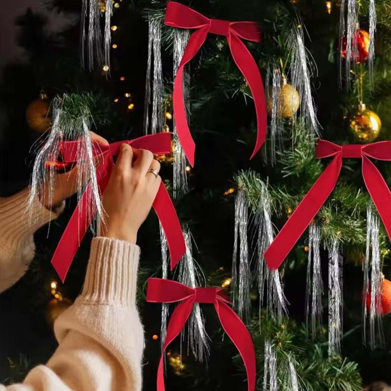 لاكيون أقواس عيد الميلاد المخملية من لشجرة عيد الميلاد، أقواس هدايا حرفية ريفية برباط ملتوي، أقواس جاهزة من الشريط العتيق لديكور المنزل في عيد الميلاد وحفلات الزفاف والداخلية والخارجية [24 قطعة] - Image 3