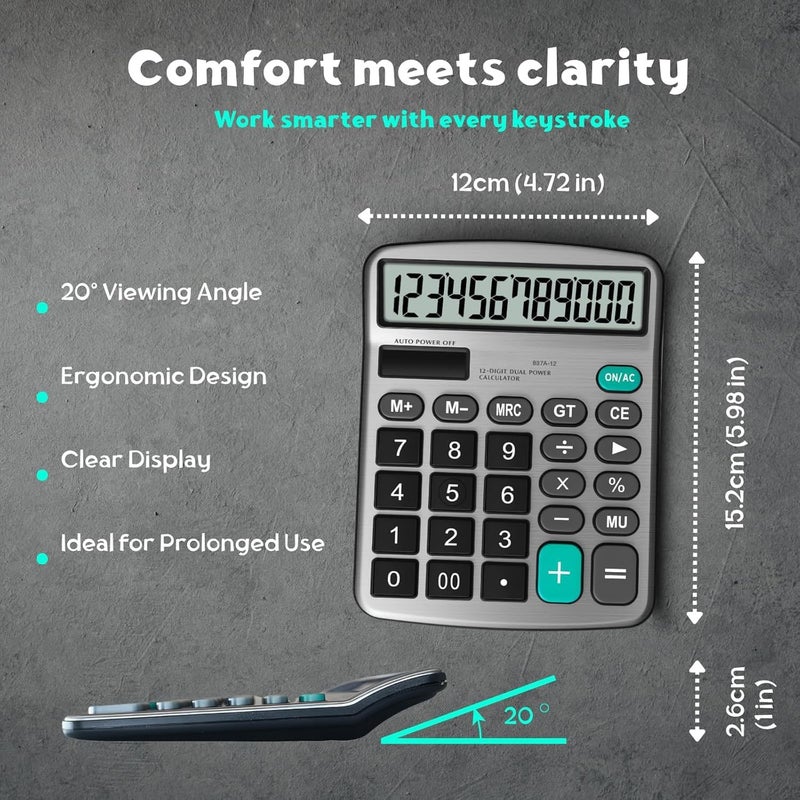SOLDTRUE 12-Digit Desktop Calculator with Large Easy-to-Read LCD Display | Dual Power Solar & Battery | Business Office Financial Calculator with Memory & Check Function (1 Pcs.) - Image 4