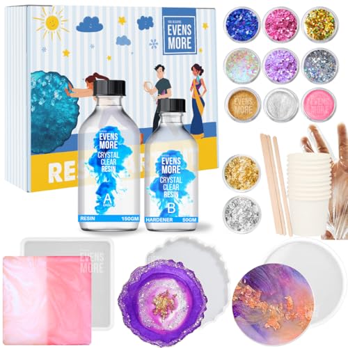 EVENS MORE 40 Pcs Resin Coaster Making kit with 200Gm Crystal Clear Resin and Glitter Round and Agate Mould (Coaster Kit) - Image 1