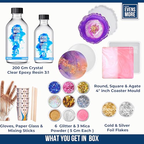 EVENS MORE 40 Pcs Resin Coaster Making kit with 200Gm Crystal Clear Resin and Glitter Round and Agate Mould (Coaster Kit) - Image 2