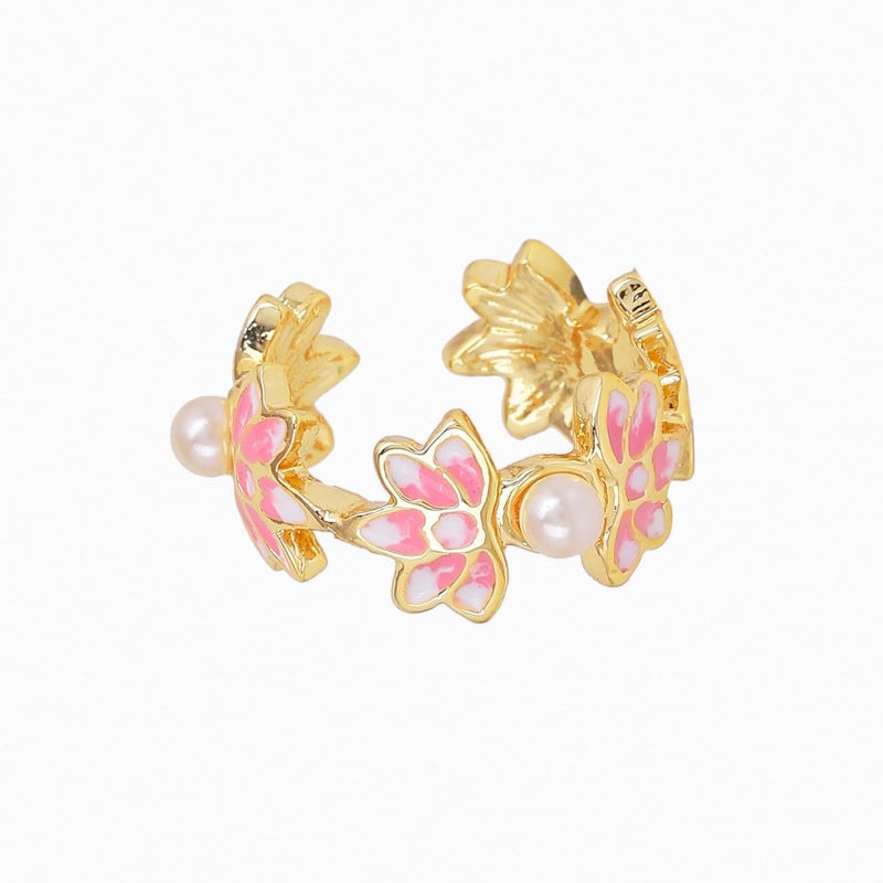 Estele Fashion Jewellery Finger Rings for Women Gold Plated Pink and White Enamel Lotus Designer Adjustable Finger Ring for Girls & Women - Image 1