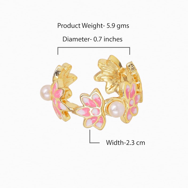 Estele Fashion Jewellery Finger Rings for Women Gold Plated Pink and White Enamel Lotus Designer Adjustable Finger Ring for Girls & Women - Image 4