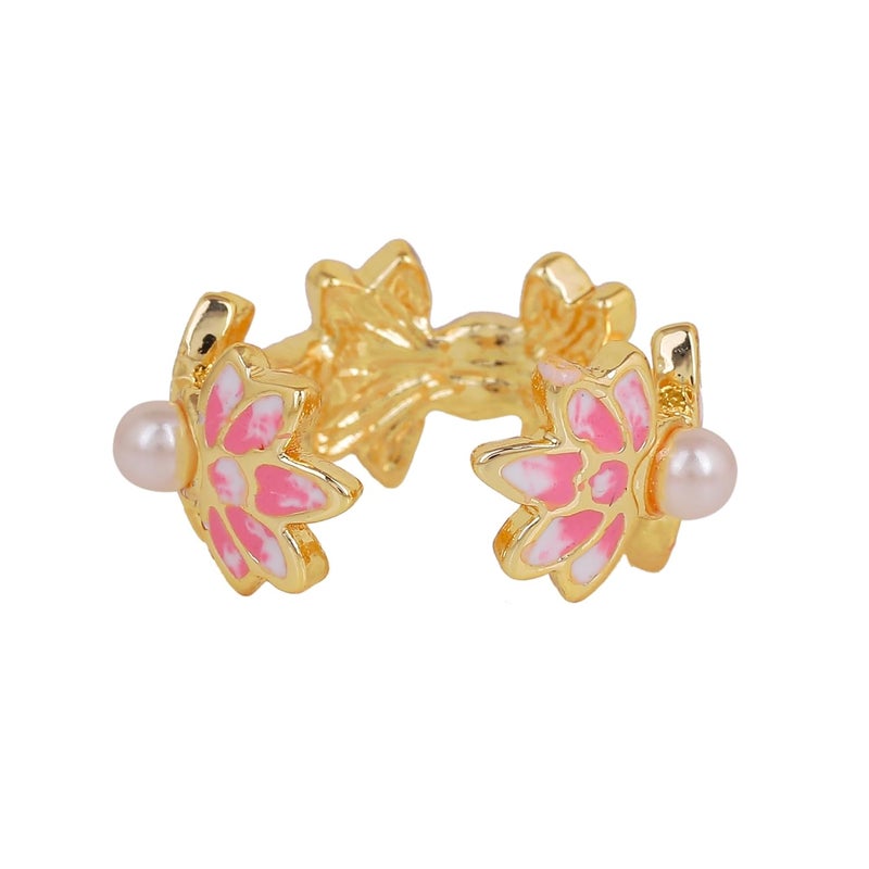 Estele Fashion Jewellery Finger Rings for Women Gold Plated Pink and White Enamel Lotus Designer Adjustable Finger Ring for Girls & Women - Image 5