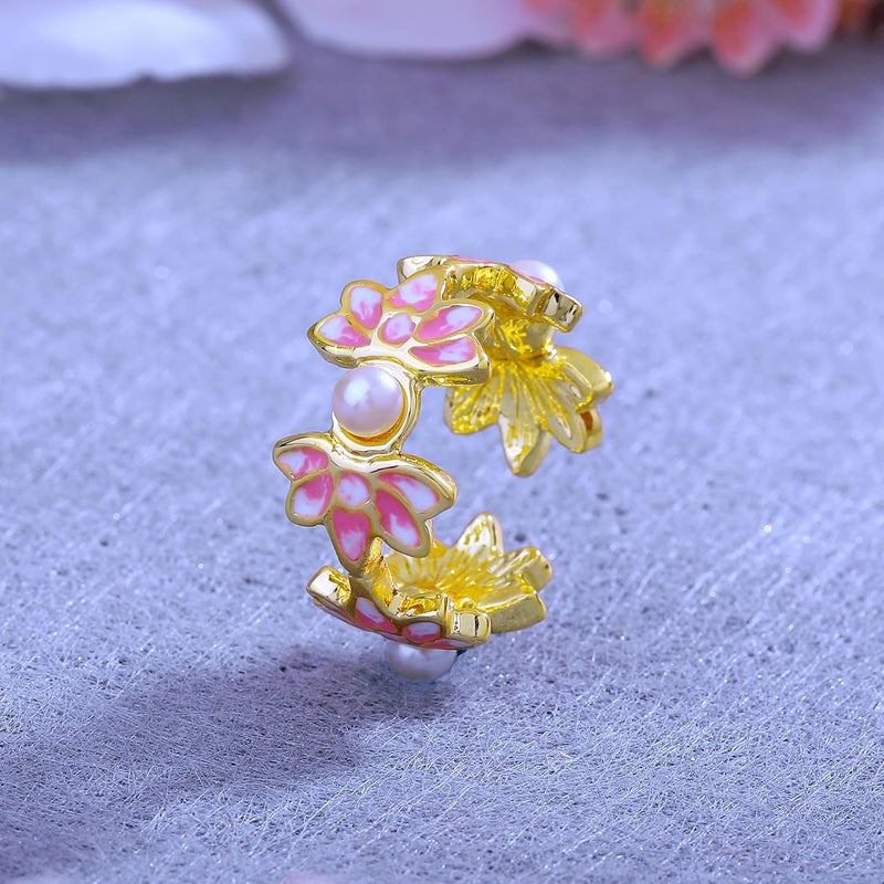 Estele Fashion Jewellery Finger Rings for Women Gold Plated Pink and White Enamel Lotus Designer Adjustable Finger Ring for Girls & Women - Image 2