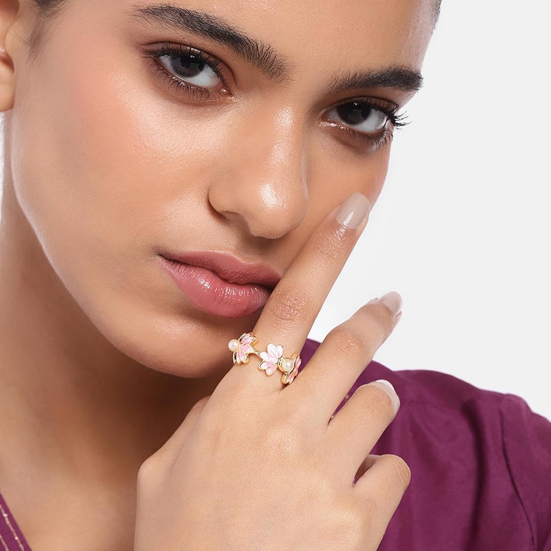Estele Fashion Jewellery Finger Rings for Women Gold Plated Pink and White Enamel Lotus Designer Adjustable Finger Ring for Girls & Women - Image 3