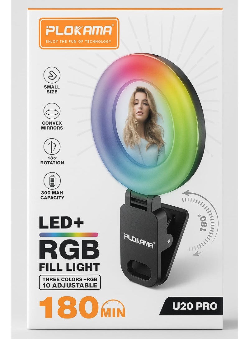 التخطيط ضوء حلقي RGB للتصوير والبث من PLOKAMA U20 PRO ببطارية 300mAh وإضاءة قابلة للتعديل بـ 10 مستويات – مناسب للجوال والسيلفي والمكالمات المرئية - Image 2