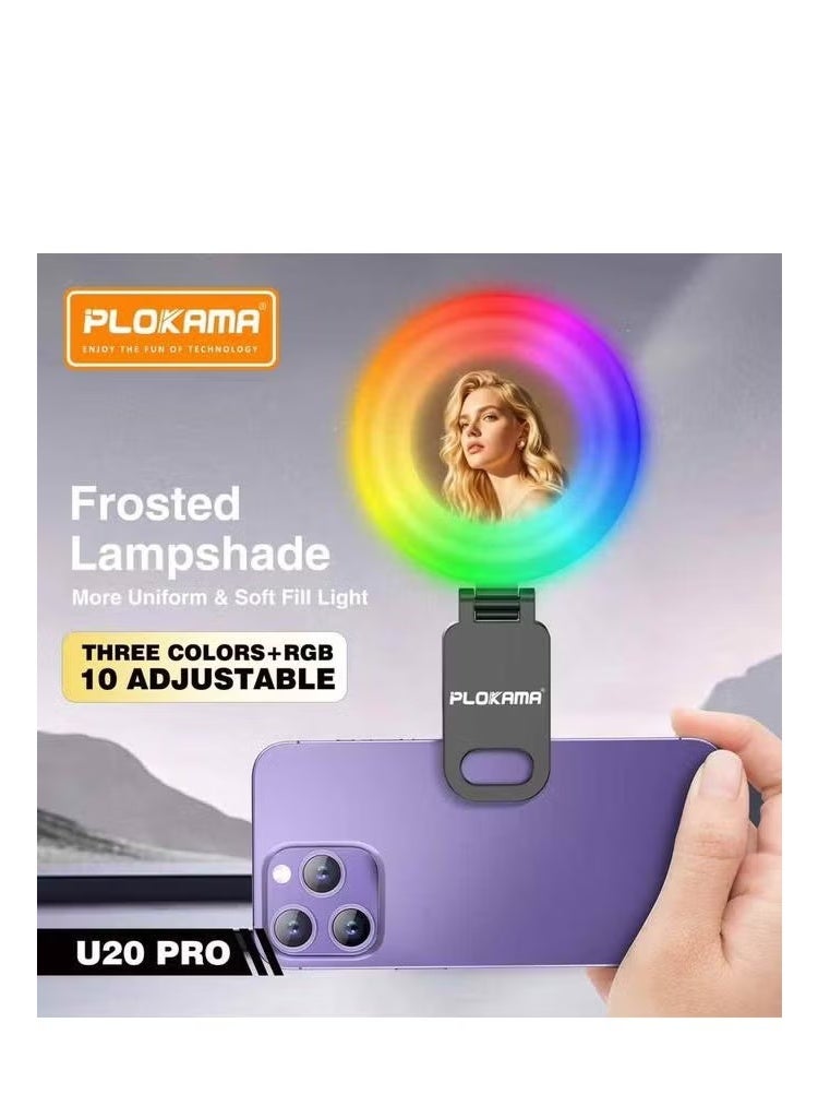 التخطيط ضوء حلقي RGB للتصوير والبث من PLOKAMA U20 PRO ببطارية 300mAh وإضاءة قابلة للتعديل بـ 10 مستويات – مناسب للجوال والسيلفي والمكالمات المرئية - Image 3