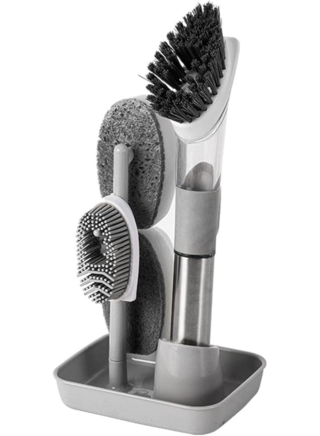 promass Dishwashing brush, Soap Dispensing Pan Brush Set, Kitchen Brush with Stand, Soap Dishbrush Set with 4 Replaceable Brush Heads and Storage Rack for Cleaning Dishes (Grey) - Image 1