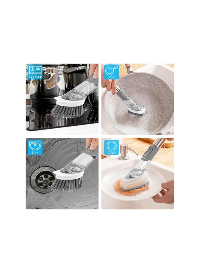 promass Dishwashing brush, Soap Dispensing Pan Brush Set, Kitchen Brush with Stand, Soap Dishbrush Set with 4 Replaceable Brush Heads and Storage Rack for Cleaning Dishes (Grey) - Image 5