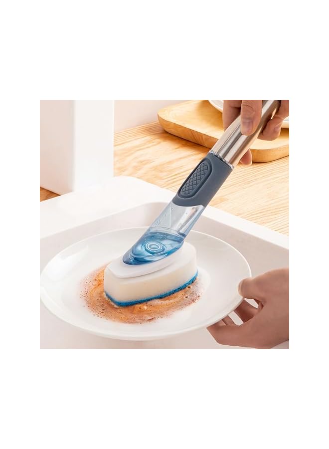 promass Dishwashing brush, Soap Dispensing Pan Brush Set, Kitchen Brush with Stand, Soap Dishbrush Set with 4 Replaceable Brush Heads and Storage Rack for Cleaning Dishes (Grey) - Image 2