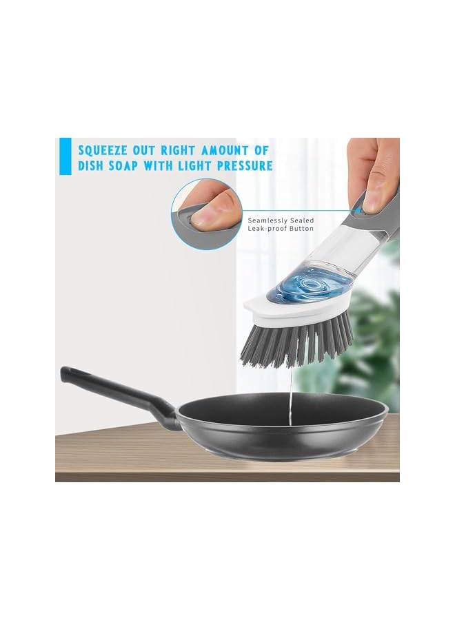 promass Dishwashing brush, Soap Dispensing Pan Brush Set, Kitchen Brush with Stand, Soap Dishbrush Set with 4 Replaceable Brush Heads and Storage Rack for Cleaning Dishes (Grey) - Image 3