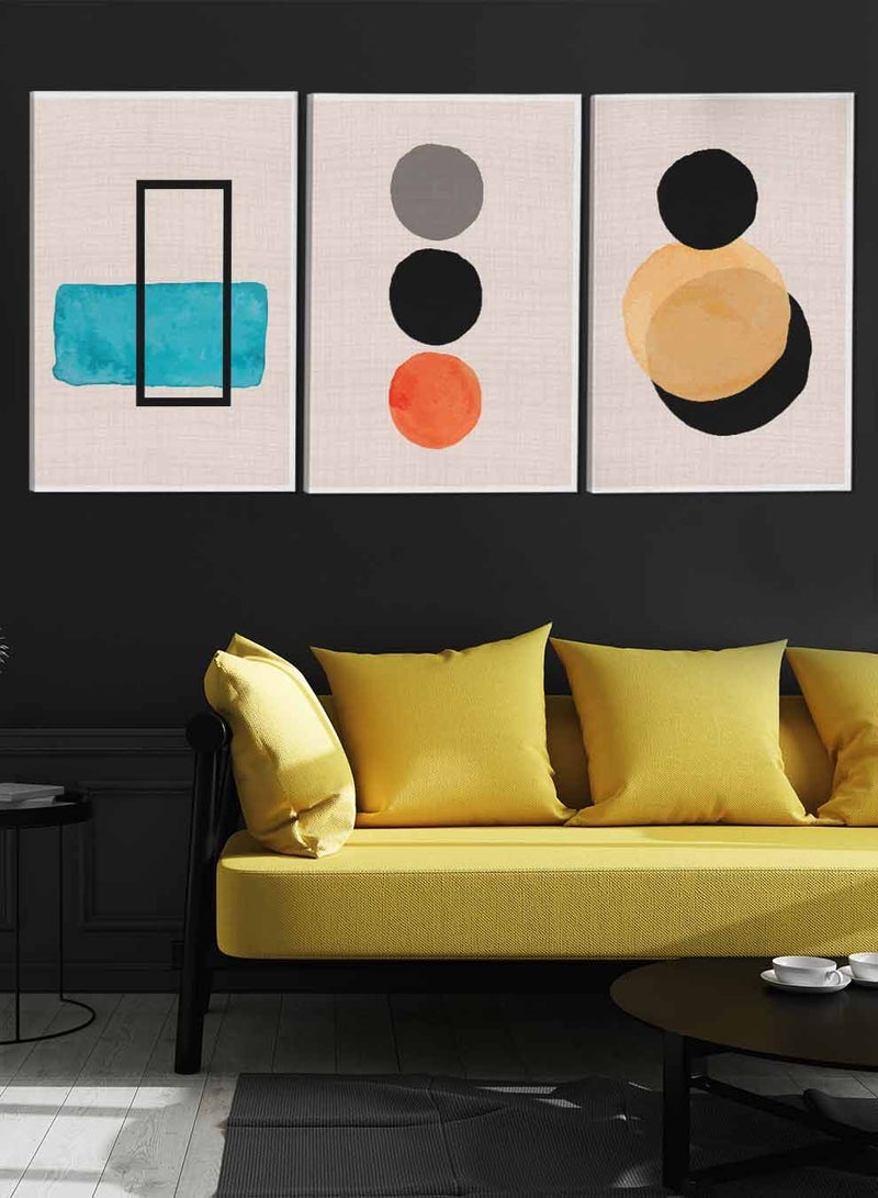 LOWHA Set Of 3 Framed Canvas Wall Arts Stretched Over Wooden Frame Modern Rectangle And Circles Abstract Paintings For Home Living Room Office Decor - Image 3