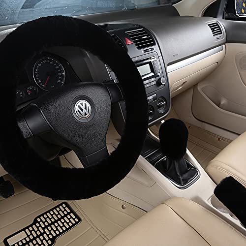 AOGELAN 3Pcs/Set Pure Wool Fur Furry Steering Wheel Cover, Soft Fluffy Handbrake Cover Gear Shift Cover for Women Car SUV Truck Australia Sheepskin Accessories - Image 1