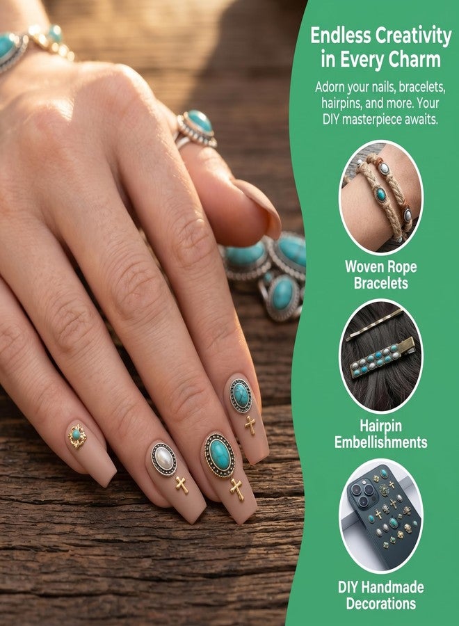 SIXAOAZZ Turquoise Totem Flower Nail Charms - 3D Rhinestones Retro Mix Color DIY Nail Art Decorations 20pcs - Image 4