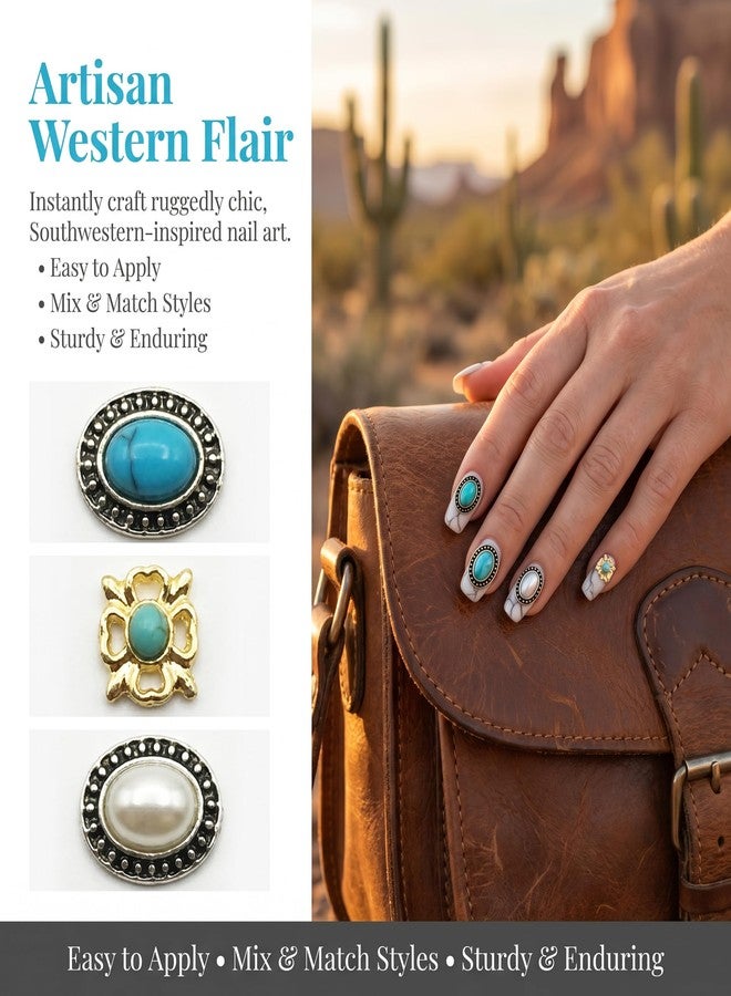 SIXAOAZZ Turquoise Totem Flower Nail Charms - 3D Rhinestones Retro Mix Color DIY Nail Art Decorations 20pcs - Image 5