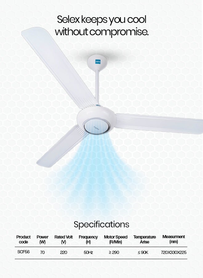 Selex 56'' Ceiling Fan | Double Ball Bearing | 3-Speed | 3-Blade Strong Air Breeze | Indoor Fan with Durable Scratch-Resistant Body & High-Quality Motor | 85W | Ideal for Home & Office | 5-Years Warranty - Image 2