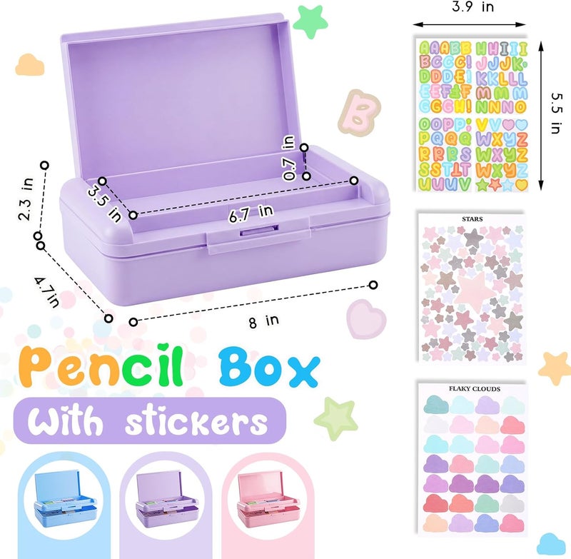 Fainne 1 Pc Purple Double Layer Pencil Box with 3 Sheet Stickers Large Capacity Plastic Pencil Case Supplies Hard Shell Crayon Box Organizer for Gel Pens Erasers Sew Art Craft Supplies - Image 2