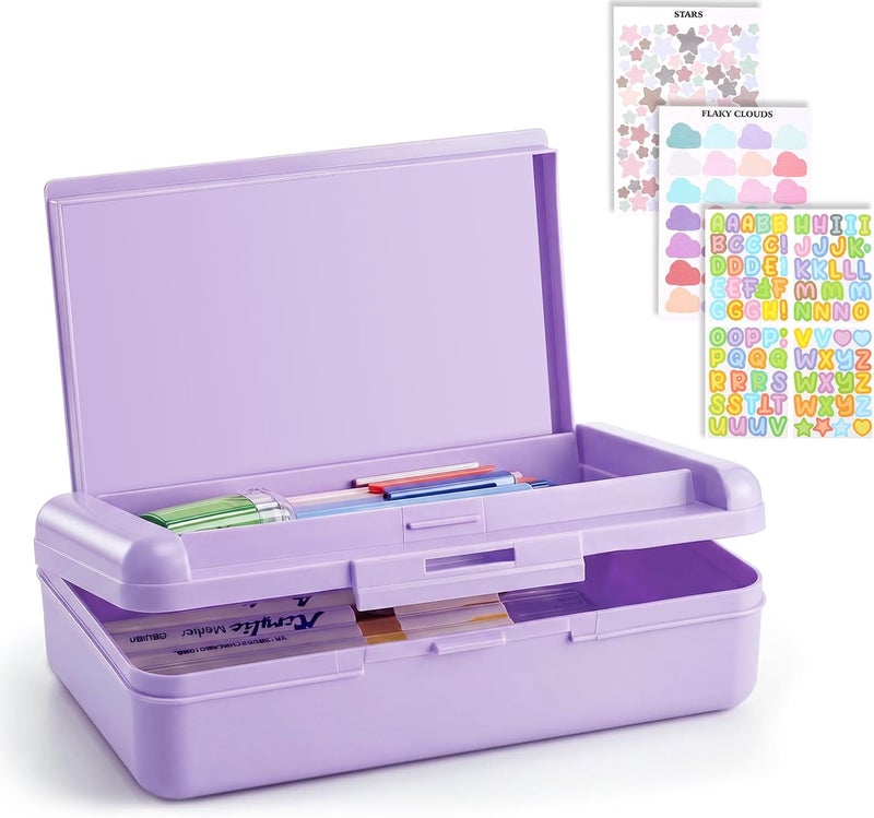 Fainne 1 Pc Purple Double Layer Pencil Box with 3 Sheet Stickers Large Capacity Plastic Pencil Case Supplies Hard Shell Crayon Box Organizer for Gel Pens Erasers Sew Art Craft Supplies - Image 1