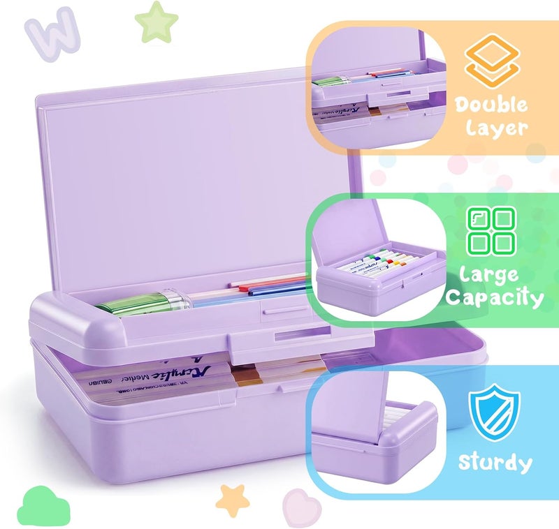 Fainne 1 Pc Purple Double Layer Pencil Box with 3 Sheet Stickers Large Capacity Plastic Pencil Case Supplies Hard Shell Crayon Box Organizer for Gel Pens Erasers Sew Art Craft Supplies - Image 3