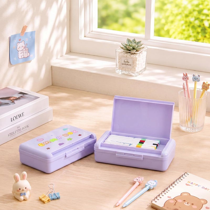 Fainne 1 Pc Purple Double Layer Pencil Box with 3 Sheet Stickers Large Capacity Plastic Pencil Case Supplies Hard Shell Crayon Box Organizer for Gel Pens Erasers Sew Art Craft Supplies - Image 4