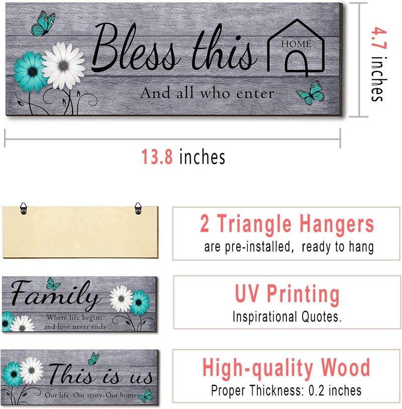 Joyhawk 4 Pcs Farmhouse Wall Decor with Teal Butterflies & Daisies, Rustic Wooden Signs Set (This is Us, Together, Family, Bless This Home), Grey Floral Wall Art for Living Room Bedroom, Housewarming - Image 2