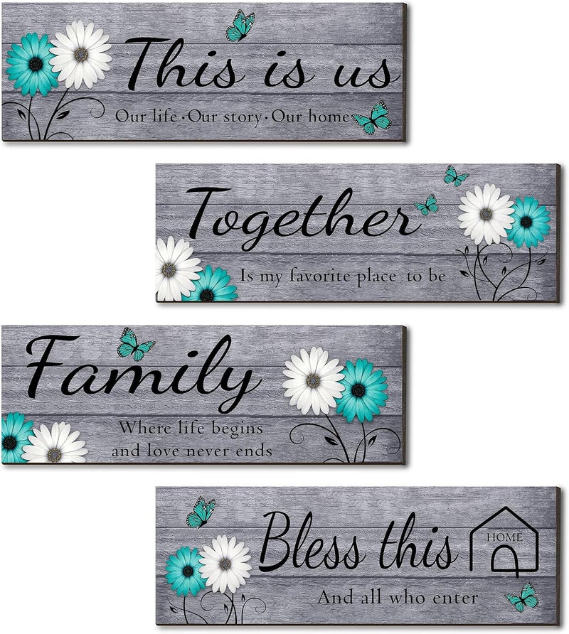 Joyhawk 4 Pcs Farmhouse Wall Decor with Teal Butterflies & Daisies, Rustic Wooden Signs Set (This is Us, Together, Family, Bless This Home), Grey Floral Wall Art for Living Room Bedroom, Housewarming - Image 1