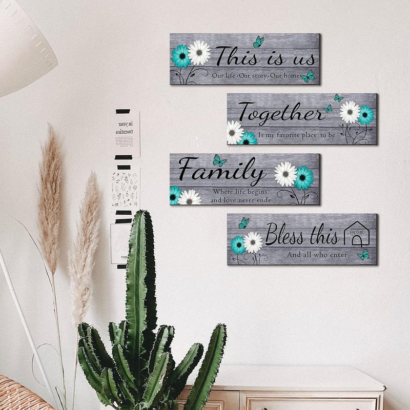 Joyhawk 4 Pcs Farmhouse Wall Decor with Teal Butterflies & Daisies, Rustic Wooden Signs Set (This is Us, Together, Family, Bless This Home), Grey Floral Wall Art for Living Room Bedroom, Housewarming - Image 3