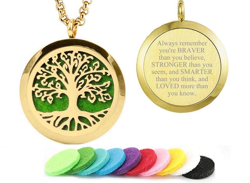 Aromatherapy Essential Oil Diffuser Necklace 316L Stainless Steel Locket Pendant with 24 Inch ChainGold