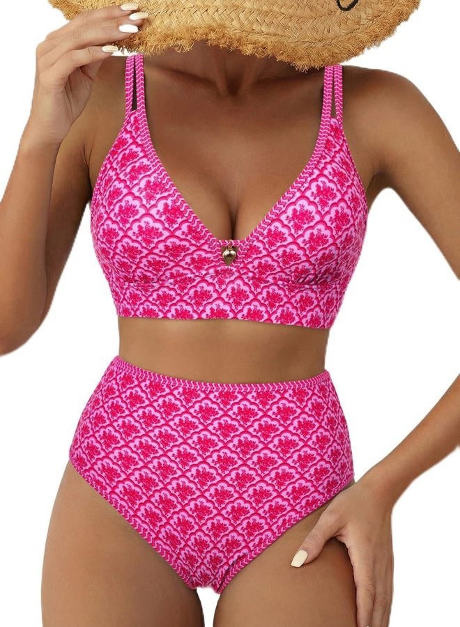 Herseas Women's 2 Piece Floral Print Bikini Sets V Neck Stitch Swimsuits High Waisted Bathing Suit Beach Summer Swimwear, Rose Scalloped Floral, S - Image 1