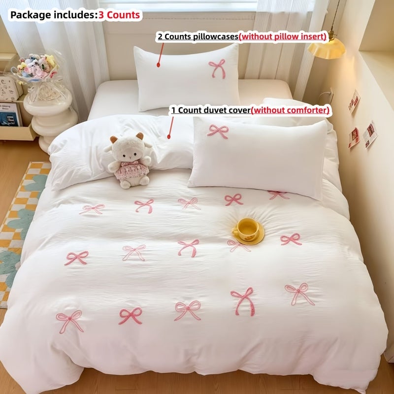 3pcs Embroidered Bow Bedding Including Duvet Cover And Pillowcases, Duvet Cover with Zipper for Easy Washing, Comfortable And Soft Breathable Fabric, Suitable for All Seasons - Image 1