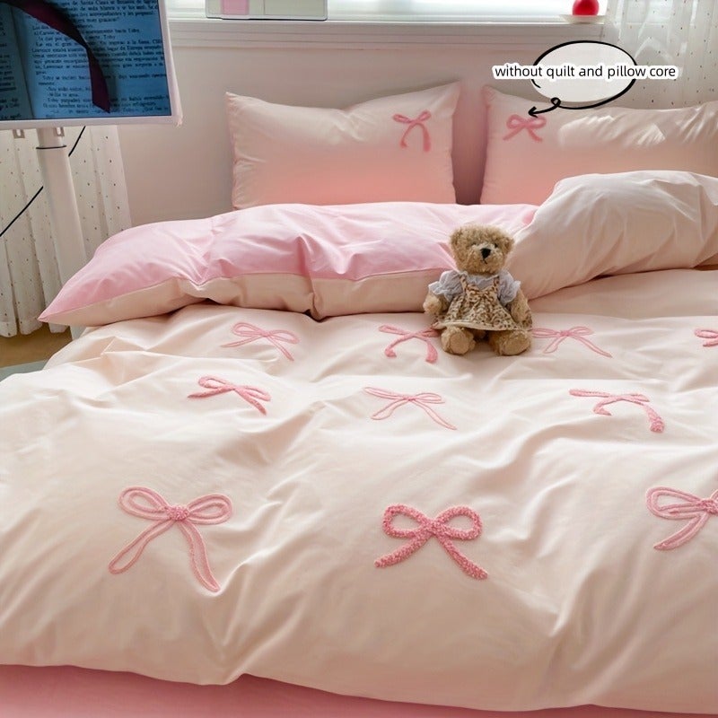 3pcs Embroidered Bow Bedding Including Duvet Cover And Pillowcases, Duvet Cover with Zipper for Easy Washing, Comfortable And Soft Breathable Fabric, Suitable for All Seasons - Image 3
